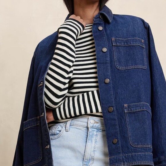 Banana Republic Navy Stripe Ribbed Crew-Neck Pullover Sweater/NWT/M - Picture 4 of 11